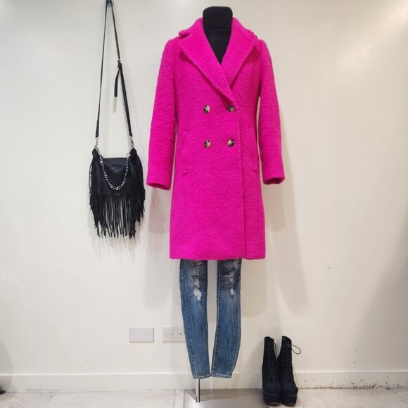 💥UBER GORGE!💥Tailored Double-Breasted Brushed Wool Blend Coat in Fuchsia Pink - Picture 3 of 15